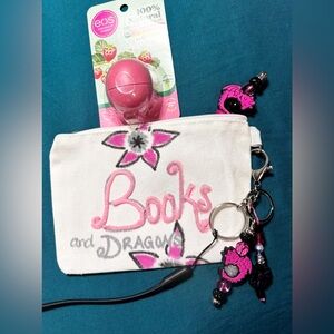 Pink and White 'Books and Dragons' Pouch with Matching Beaded Pen and Keychain